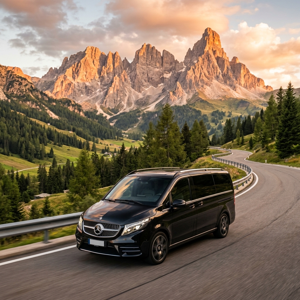 Luxuriöser Mercedes-Van fährt durch die Dolomiten im Abendlicht