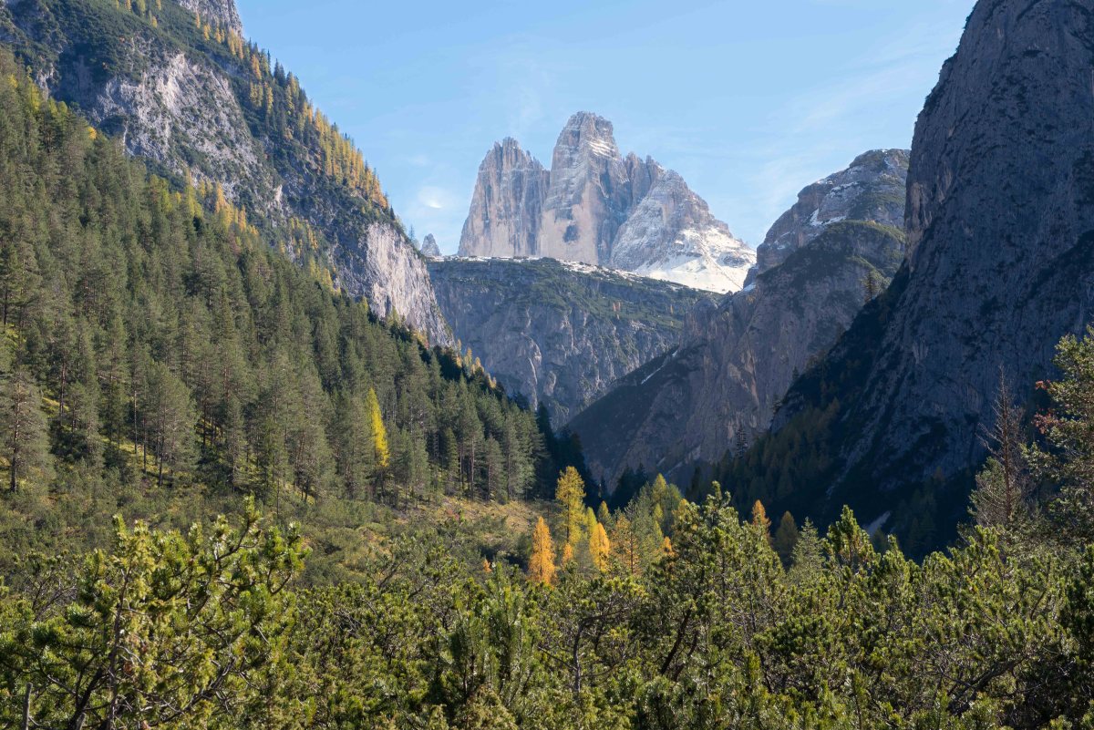 Blick auf die Drei Zinnen durch ein herbstliches Tal