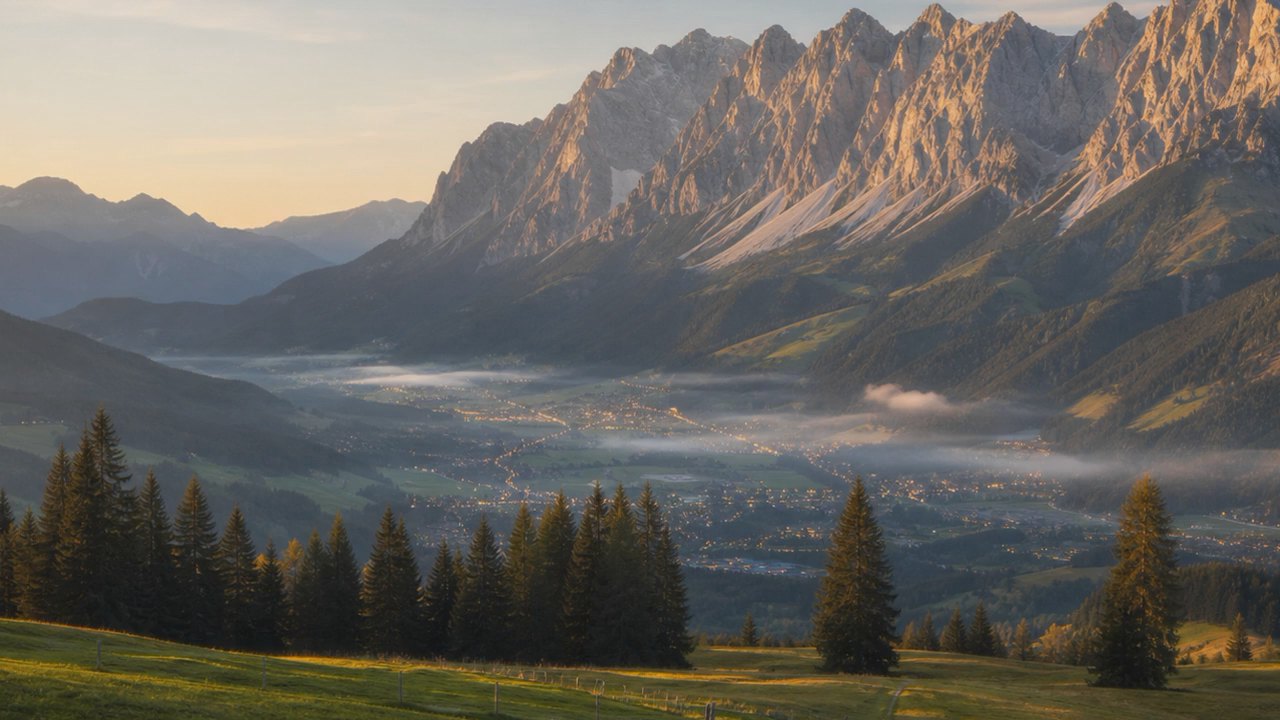 Das Hochpustertal im Morgenlicht — Dolomiten über dem Tal bei Sillian