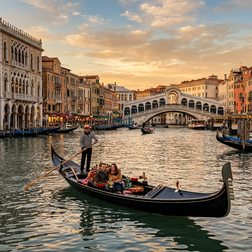 Canal Grande in Venedig mit einer Gondel im Abendlicht