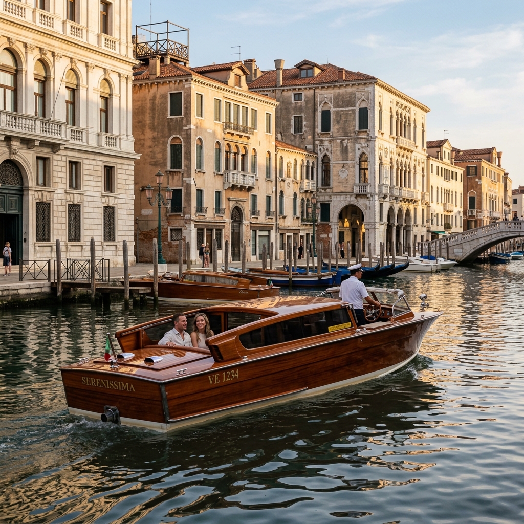 Klassisches Holz-Wassertaxi in Venedig vor historischen Palästen